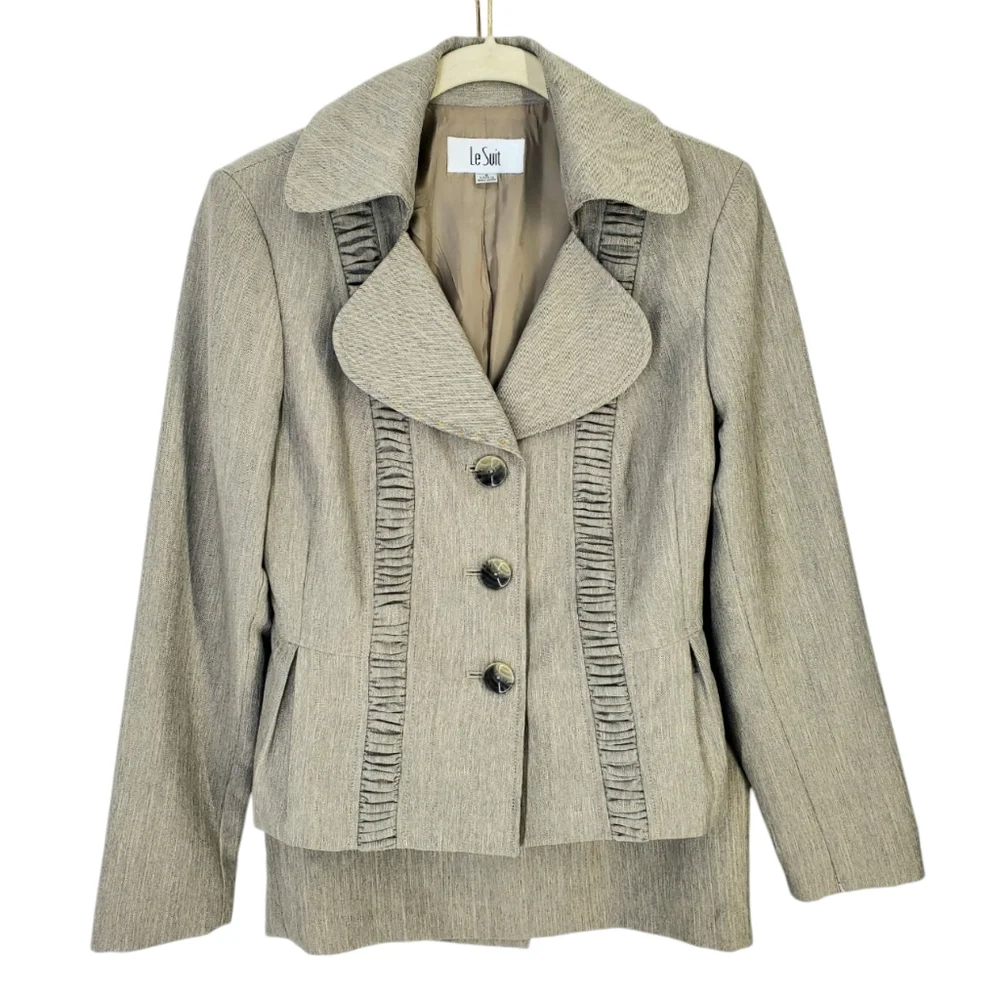 LeSuit Three Button Jacket & Skirt Suit Set Neutral Tan Beige Gray Weave Sz 6 - Picture 3 of 16